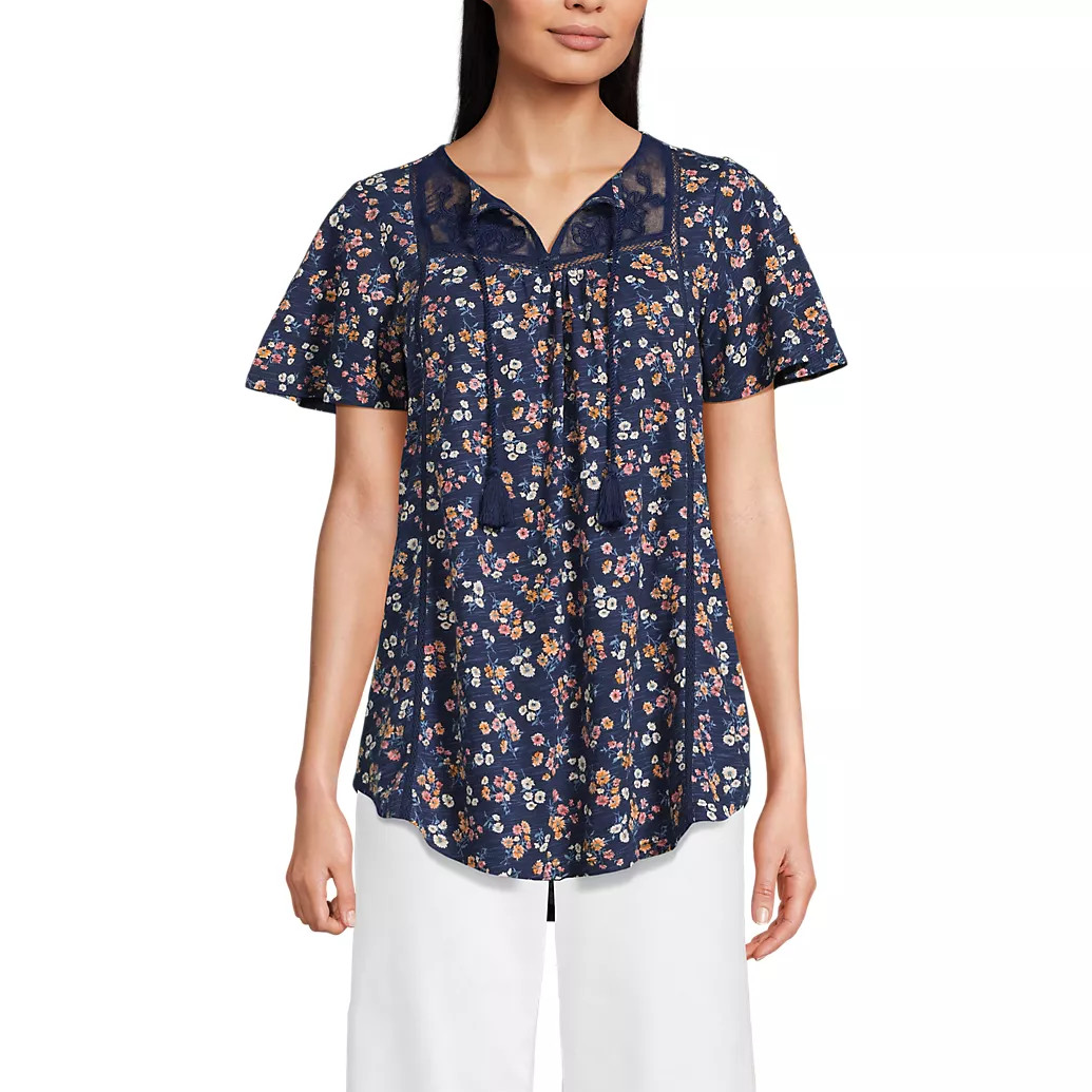 Women's Slub Flutter Sleeve Lace Trim Notch Neck Tunic Top | Lands' End (US)