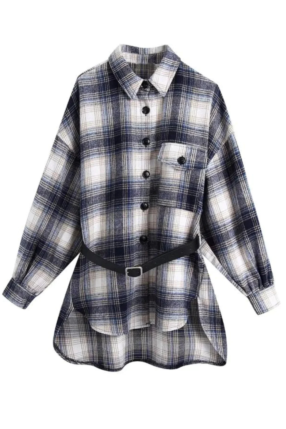 'Grace' Belted Plaid Long Shirt | Goodnight Macaroon