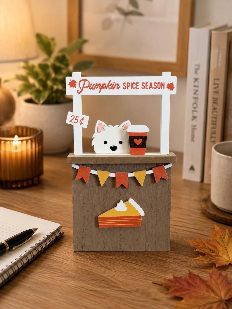 Westie Fall Decor, Pumpkin Spice Coffee Booth, West Highland Terrier Shelf Sitter, Autumn Dog Dec... | Etsy (Global)