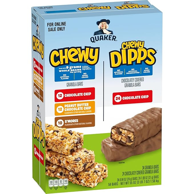 Quaker Chewy Granola Bars, Chewy & Dipps Variety Pack, (58 Bars), Whole Grains, No Artificial Fla... | Amazon (US)