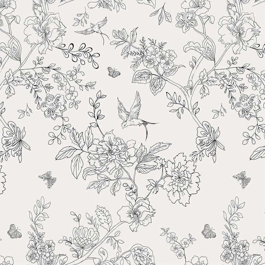 Black and Cream White Floral Wallpaper Peel and Stick Wallpaper 17.7in×196.8in Vintage Floral Co... | Amazon (US)