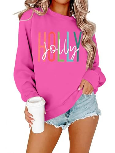 LOTUCY Women Christmas Sweatshirts Holly Jolly Christmas Tree Crewneck Graphic Sweater Long Sleeve Pullover Top Rose Red | Amazon (US)
