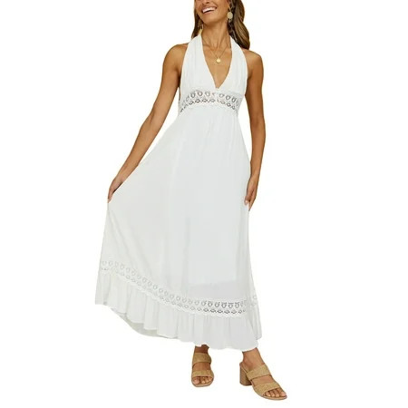 Women s Beach Crochet Lace Maxi Dress Solid Color Summer Halter Neck White Long Off Shoulder Dress | Walmart (US)