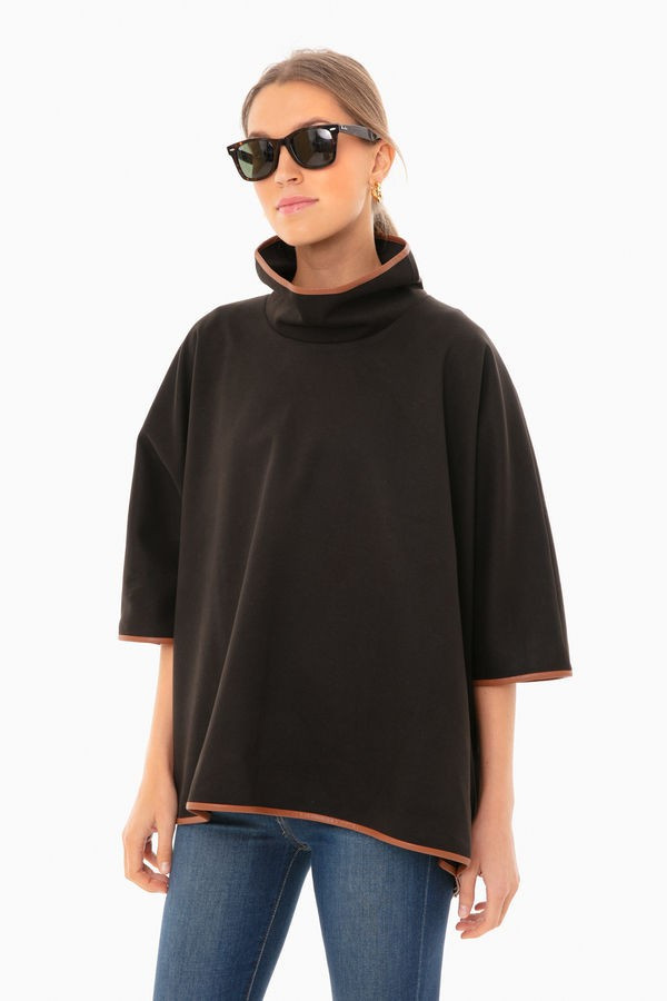 Black Leather Trim Funnel Neck Piper Poncho | Tuckernuck (US)