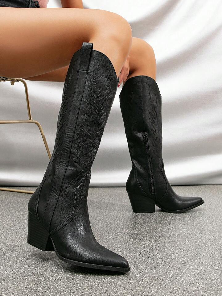 Women's Western Boots, Stylish Embroidery Pointed Toe Mid-Heel Over The Knee Boots, Size Runs Sma... | SHEIN