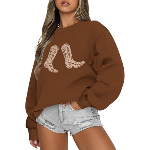 Wedsadl Western Cowgirl Boots Graphic Sweatshirts For Women Country Vintage Hoodies Long Sleeve Cowboy Rodeo Shirts Pullover(Brown,S) | Amazon (US)