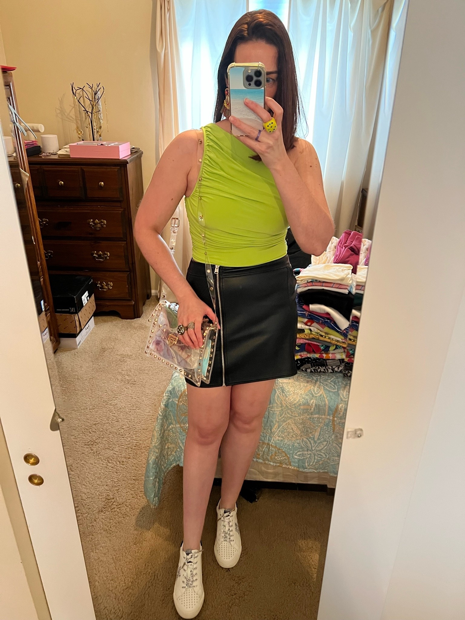 Lime green ruched top (s). Black leather zipper skirt (4). Black and white sneakers (8.5). #ruchedtop #top #greentop #limegreentop #skirt #leatherskirt #miniskirt #blackskirt #sneakers #blackandwhitesneakers #concertoutfit #summeroutfit 
concert outfit ideas

#LTKootd #LTKSeasonal