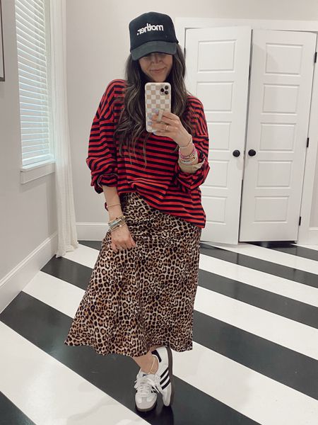 -leopard silk skirt, small (true to size) MICHELLE15 for 15% off 
-striped fp style top, size up for oversized look
-sambas, run big (size down half size) 

#LTKFindsUnder50 #LTKStyleTip #LTKFindsUnder100