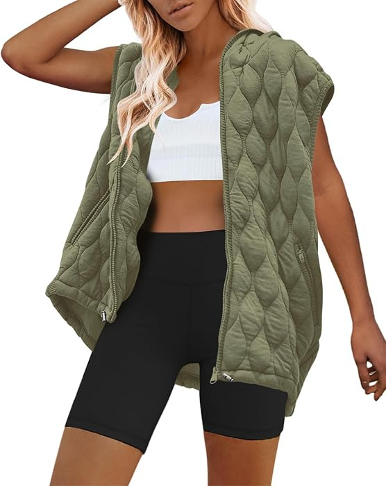 Womens Oversized Puffer Vest Sleeveless Quilted Jacket Zip Up Hooded Puffy Vest Winter Coats with... | Amazon (US)