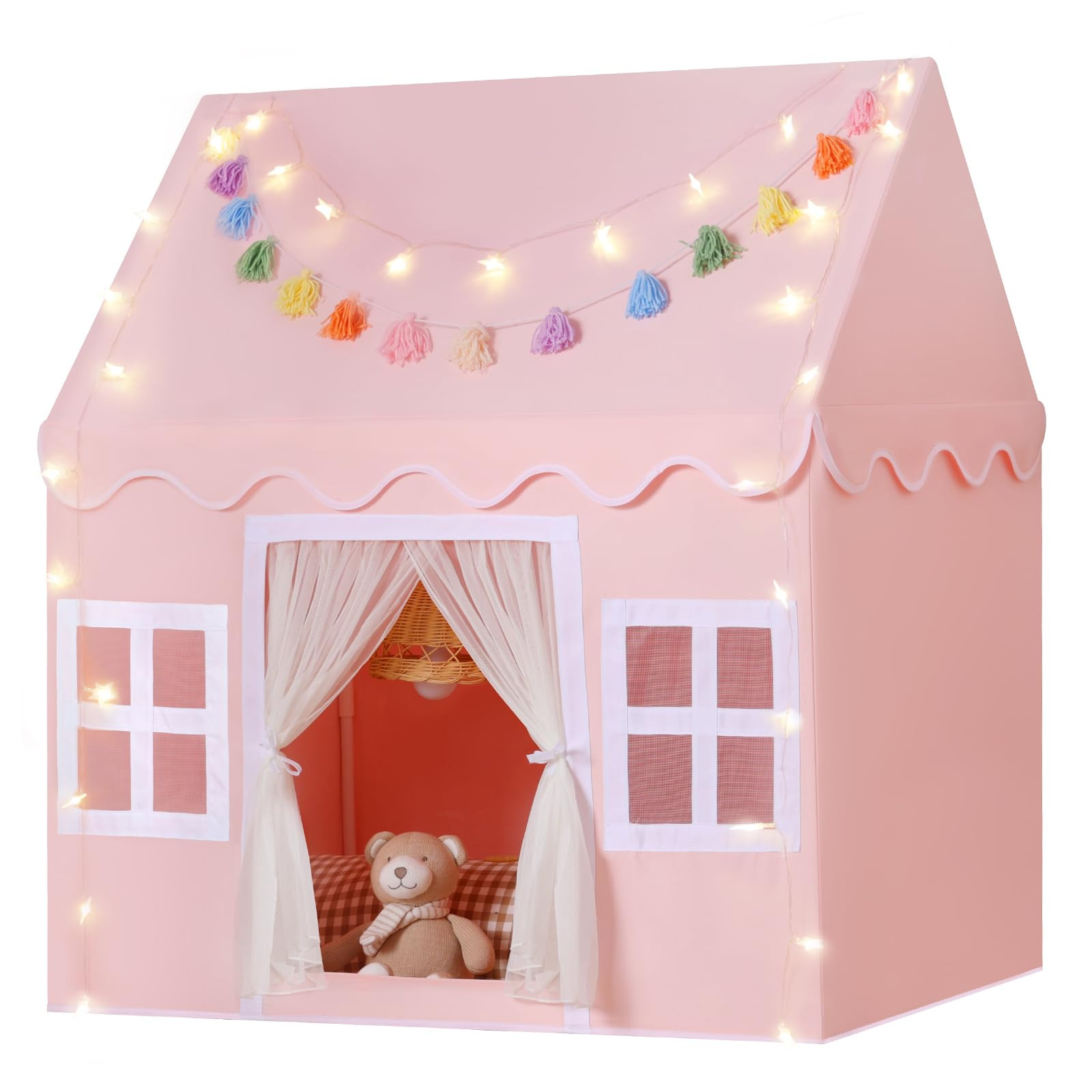 Kids Play Tent Indoor: with Mat, Tassel Garland, Star Lights - Pink Girl Tent Playhouse for Toddl... | Amazon (US)