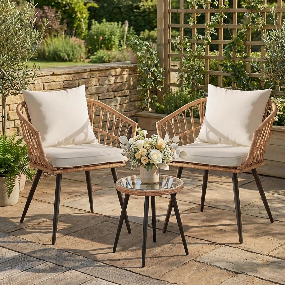3-Piece Outdoor Patio Conversation Set with Cushions, Glass Top Side Table, and Powder-Coated Ste... | Wayfair North America