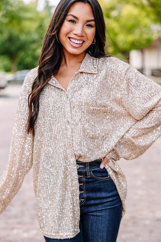 It's A Long Story Gold Sequin Blouse | The Mint Julep Boutique