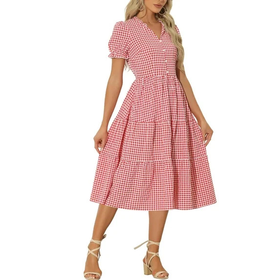 INSPIRE CHIC Women's Gingham Dress Summer Ruffle Trim V Neck Button Decor Flowy Midi Dresses Red ... | Walmart (US)