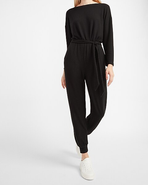 Cozy Belted Long Sleeve Lounge Jumpsuit | Express