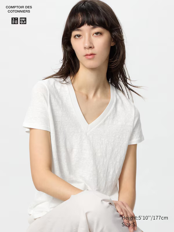 Linen V Neck T-Shirt | UNIQLO (UK)