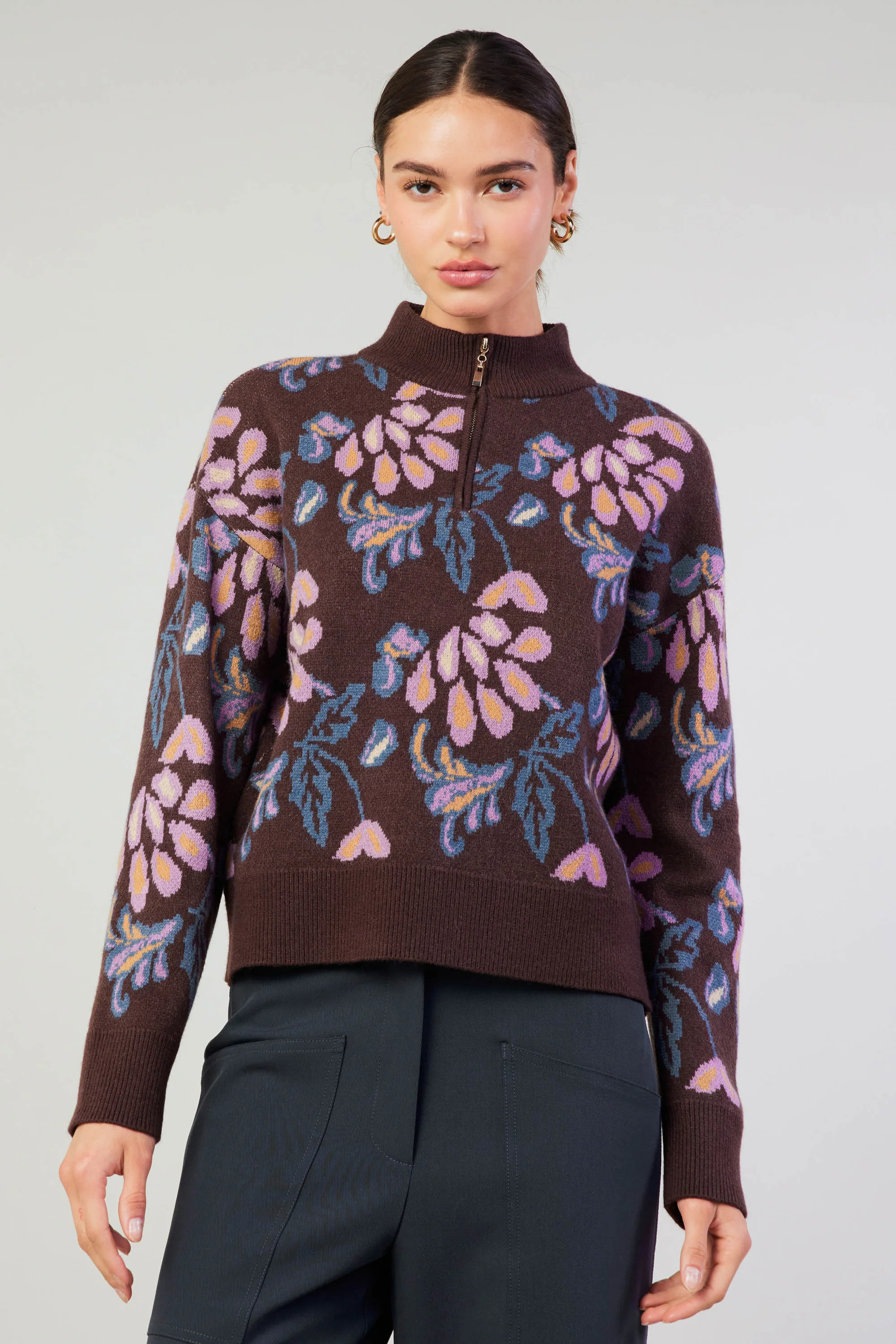Floral Jacquard Zip Sweater | Current Air