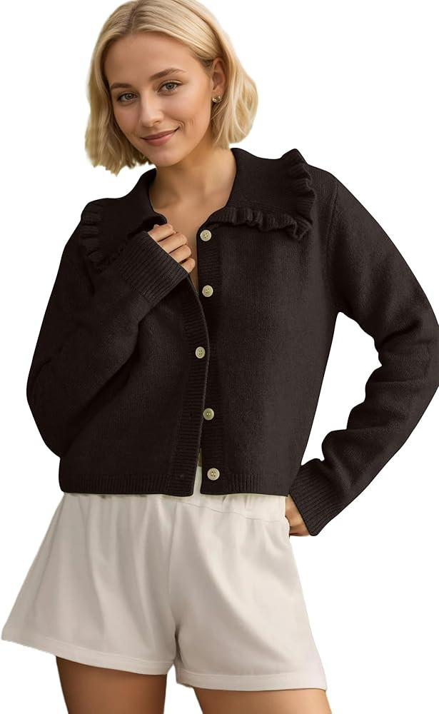 Women Button Dwon Long Sleeve Ruffle Lapel Solid Loose Sweater Cardigan Open Front Knit Cardigans... | Amazon (US)