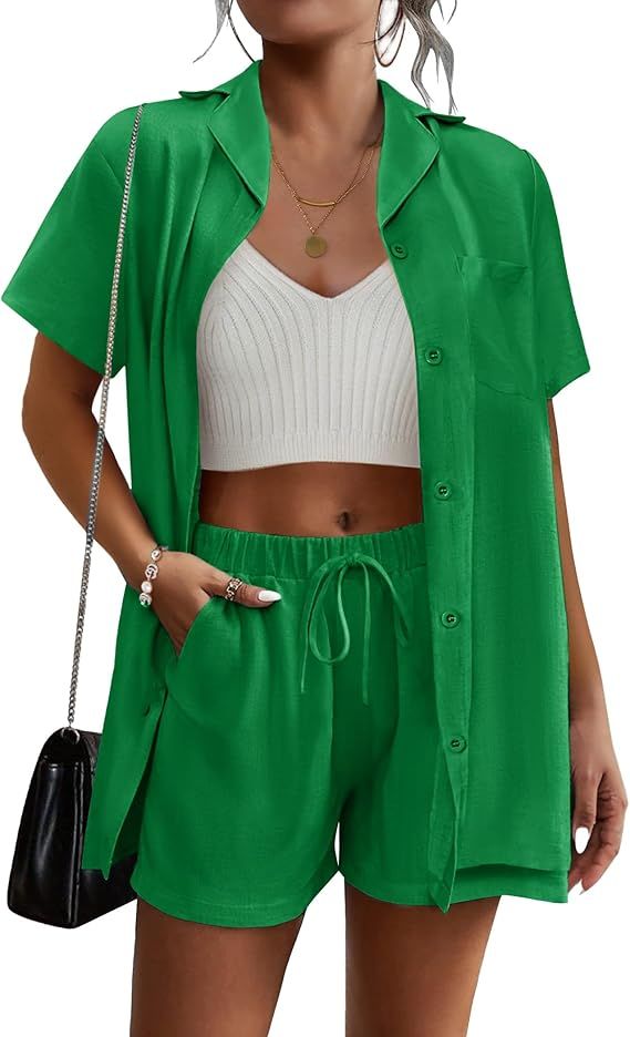 Ekouaer Womens 2 Piece Lounge Set Short Sleeve Button Down Shirt Vacation Outfits Casual Loungewe... | Amazon (US)