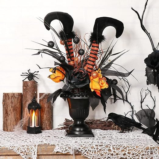 S-DEAL Halloween Decorations Table Artificial Flowers, Witch Boot and Fake Rose Tabletop Centerpi... | Amazon (US)