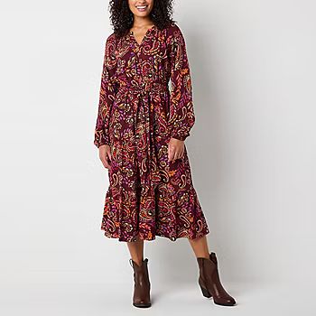 new!St. John's Bay Womens Long Sleeve Paisley A-Line Dress | JCPenney