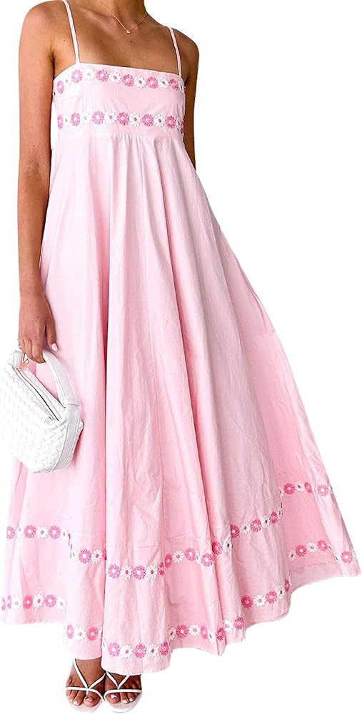 UAURORAO Women Boho Maxi Dress Smocked Wedding Guest Long Flowy Dresses Spaghetti Strap Floral Ru... | Amazon (US)