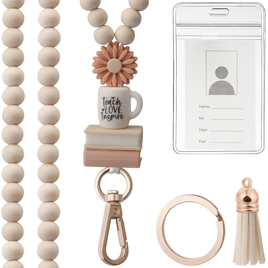 Teacher Lanyard with ID Holder, Fashion Wood Beaded Lanyard for Keys, Super Cute Boho Breakaway L... | Amazon (US)