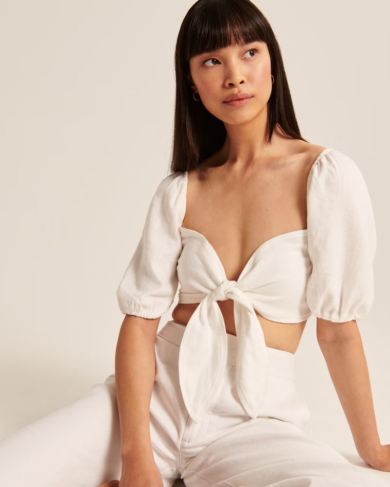 Tie-Front Linen-Blend Puff Sleeve Top | Abercrombie & Fitch (US)