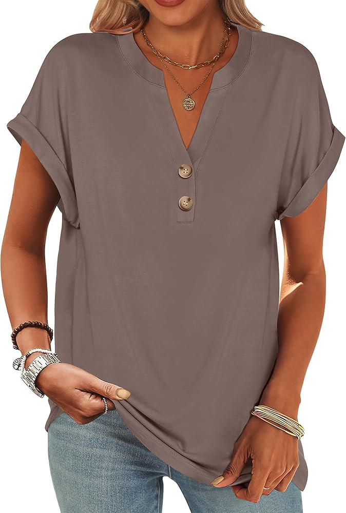 ANRABESS Womens Short Sleeve Henley Tops V Neck Dressy Casual Blouses Summer Trendy Tee Shirts 20... | Amazon (US)