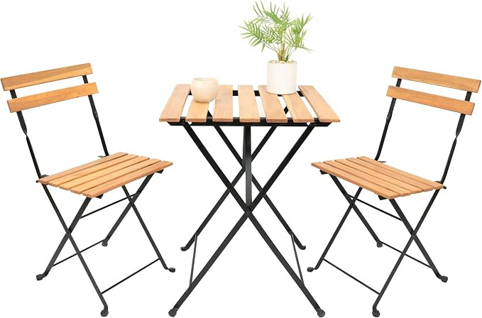 Outdoor Bistro Set, Folding Table and 2 Chairs, Wood Slat with Black Metal Frame, Patio Garden Co... | Amazon (US)