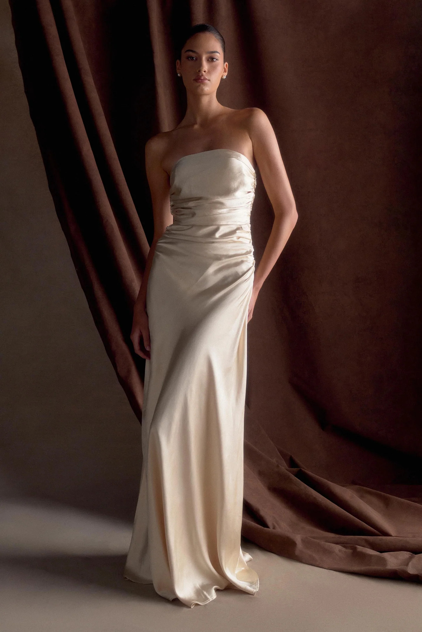 Strapless Satin Maxi Dress - Champagne | MESHKI US