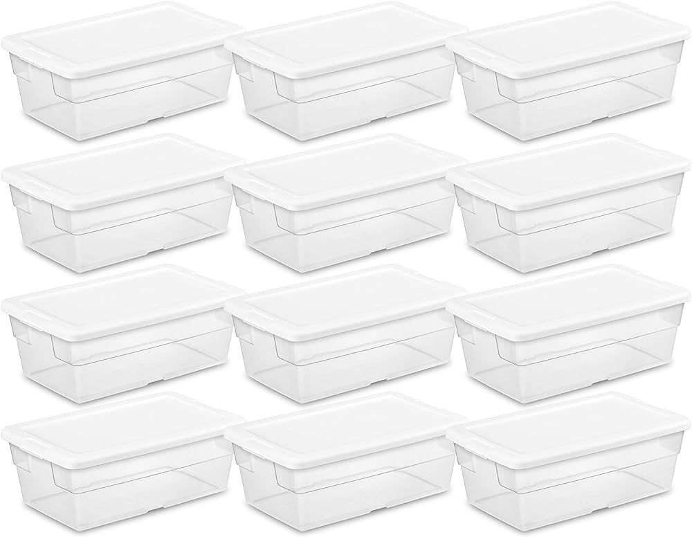 Sterilite 6 Qt Storage Box, Stackable Bin with Lid, Plastic Container to Organize Shoes and Crafts on Closet Shelves, Clear with White Lid, (Pack of 12). | Amazon (US)