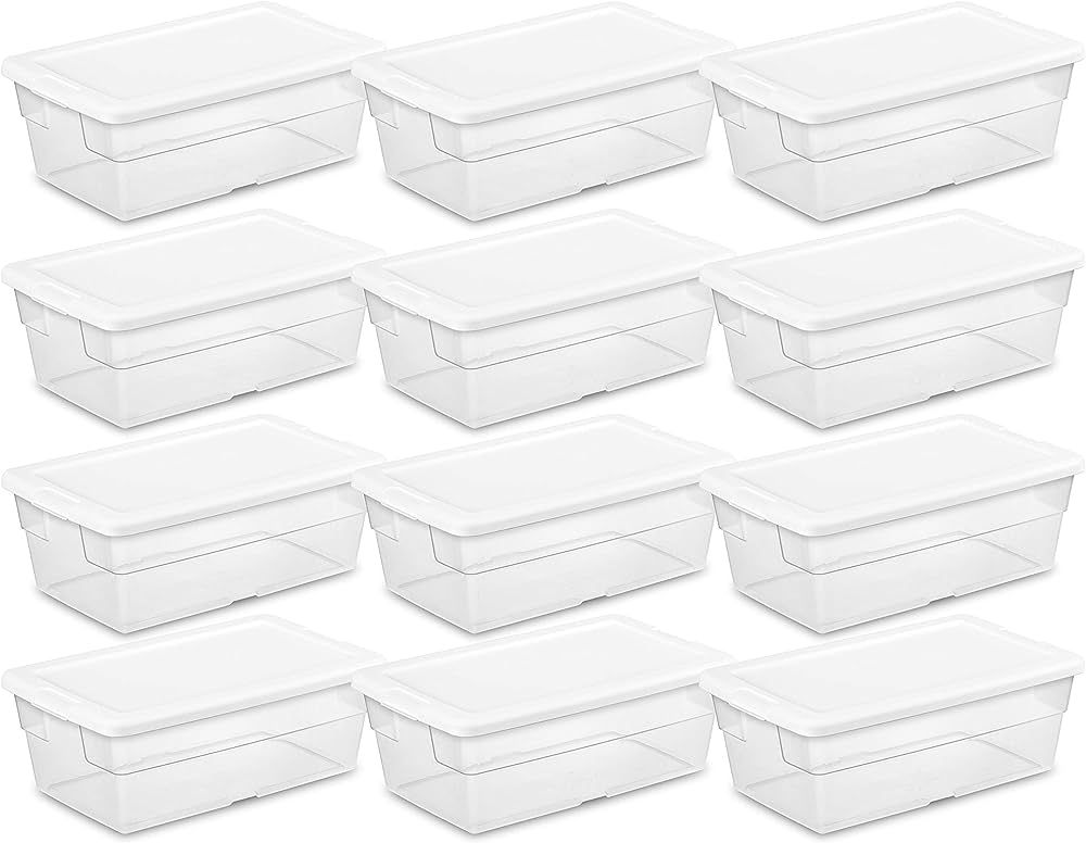 Sterilite 6 Qt Storage Box, Stackable Bin with Lid, Plastic Container to Organize Shoes and Crafts on Closet Shelves, Clear with White Lid, (Pack of 12). | Amazon (US)