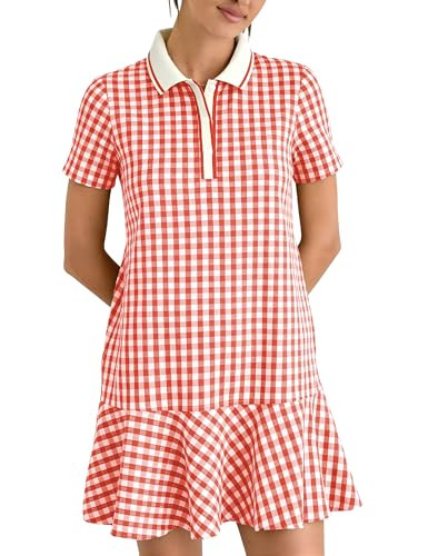 LTSCNRM Women's Gingham Polo Dress Short Sleeve V Neck Ruffle Hem Mini Dress Plaid Golf Tennis Ca... | Amazon (US)