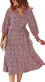 Schkleier Women's Summer Fall 3/4 Sleeve V Neck Casual Flowy Party Floral Midi Dress | Amazon (US)