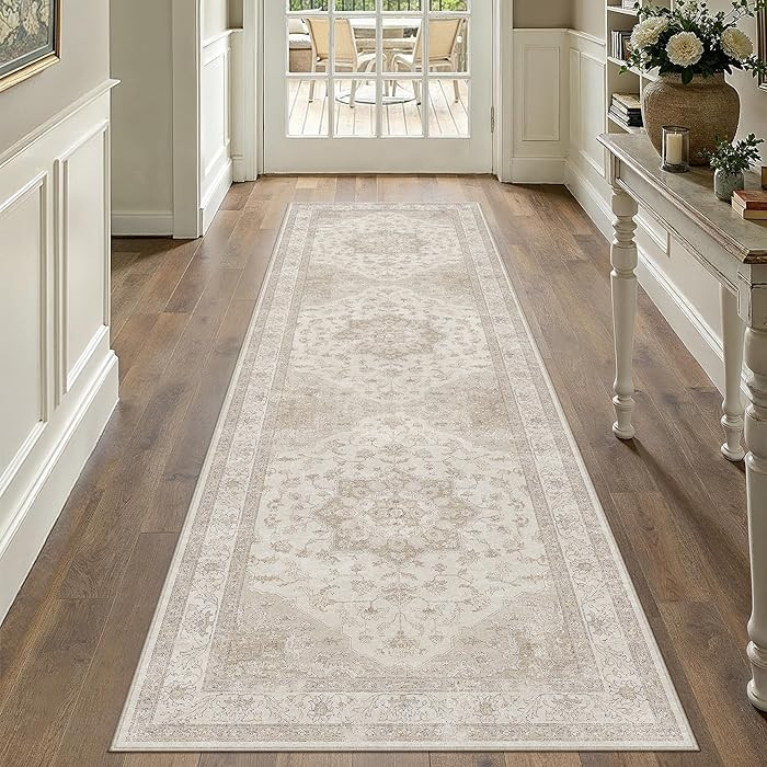 Beige Runner Rug 2'6"x10' Washable Vintage Carpet Hallway Kitchen Soft Retro Low Pile Thin Indoor... | Amazon (US)