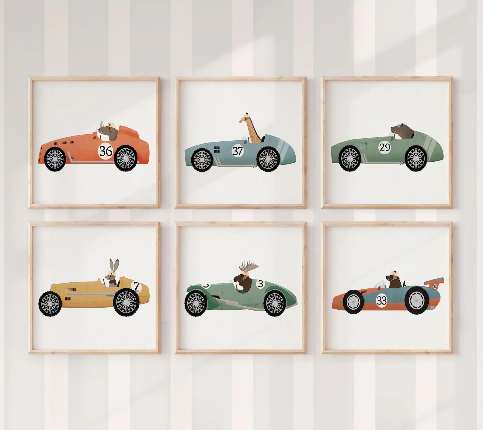 Animal Racing Car Nursery Prints – Whimsical Woodland Friends, Set of 6 Kids Room Wall Art | Etsy (US)