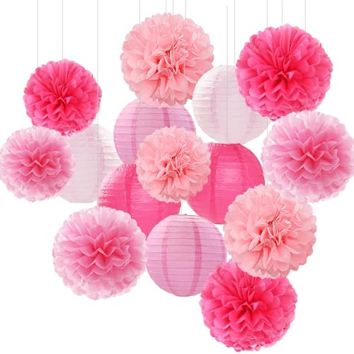 Light-Hot Pink Party-Decorations Paper-Flowers Lanterns- 15pcs Graduation Girl Birthday Decor Tissue Pom Poms Streamers, Bridal Baby Shower Wedding Bachelorette Valentine Hanging Supplies Hugfond | Amazon (US)