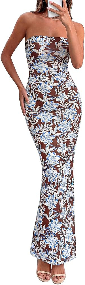 PRETTYGARDEN Bodycon Long Dresses for Women 2026 Strapless Tube Summer Floral Maxi Dress Sleevele... | Amazon (US)