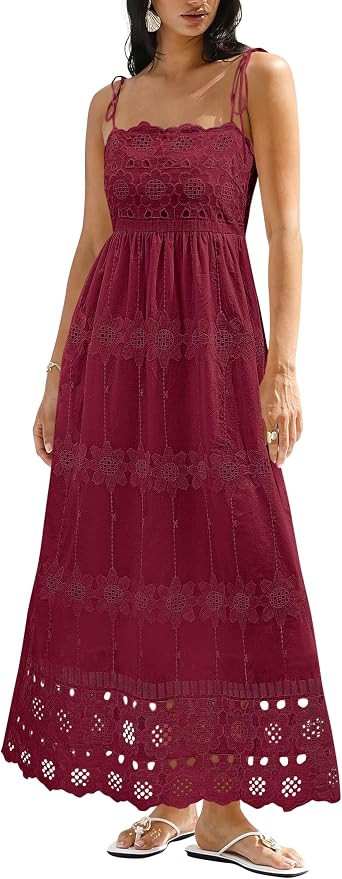 dowerme Womens Spaghetti Strap Eyelet Cotton Boho Maxi Dress | Amazon (US)