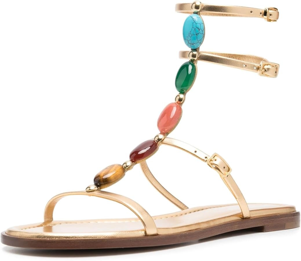 Kluolandi Jewelled Flat Gladiator Sandals for Women Gold T-strap Sandals Open Toe Summer Strappy ... | Amazon (US)