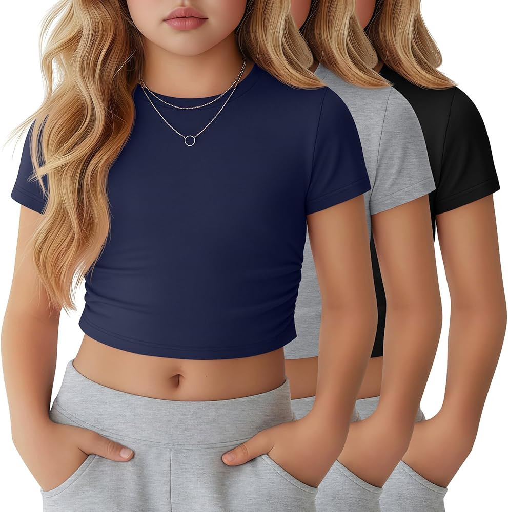 3 Pack Girls Crop Tops 5-16y Short Sleeve T-Shirts Tween Girl Slim Crew Neck Ruched Casual Trendy... | Amazon (US)