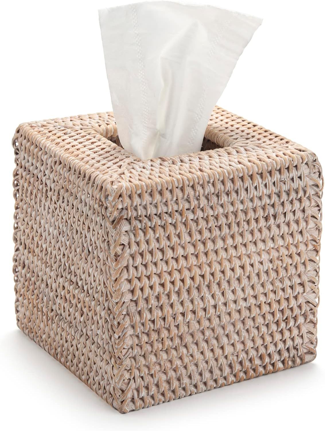 Rattan Tissue Box Cover Natural Woven Facial Napkin Holder Square (White, 5.5x5.5x5.9 Inch) | Amazon (US)