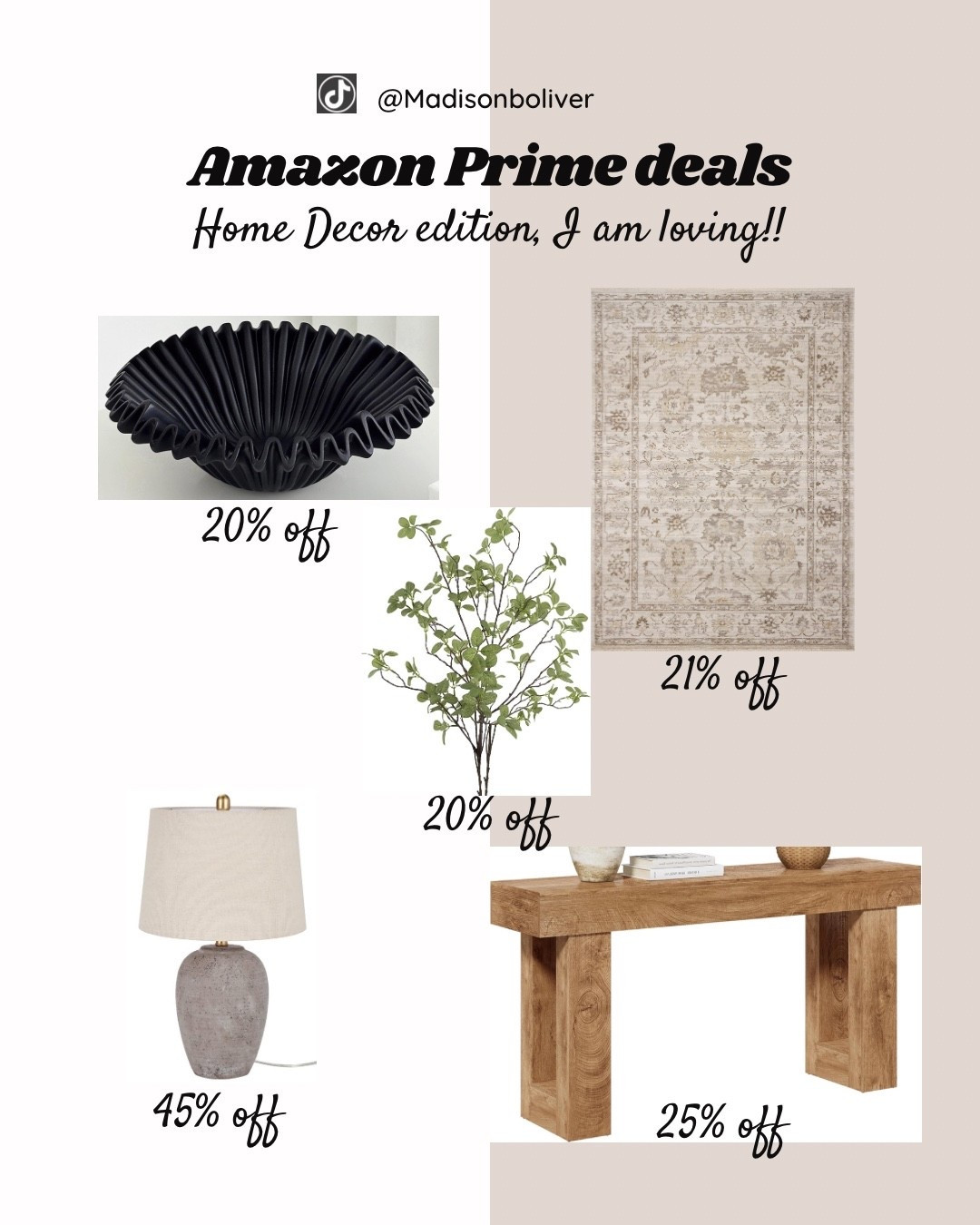 ✨ Amazon Prime Home Finds I’m Loving ✨
Obsessed with these neutral decor pieces — perfect for warming up your space! All on sale now during Prime Day 🛋️💸

🖤 20% off sculptural bowl
🌿 20% off faux greenery
🪵 25% off wood console table
🧶 21% off vintage rug
💡 45% off ceramic lamp

Shop below before the deal ends!🤍👇🏼
#amazonfinds #amazonprimedaydeals #amazonprimedealshomedecor #primedaydeals #neutralhomedecor

#LTKStyleTip #LTKHome #LTKSaleAlert