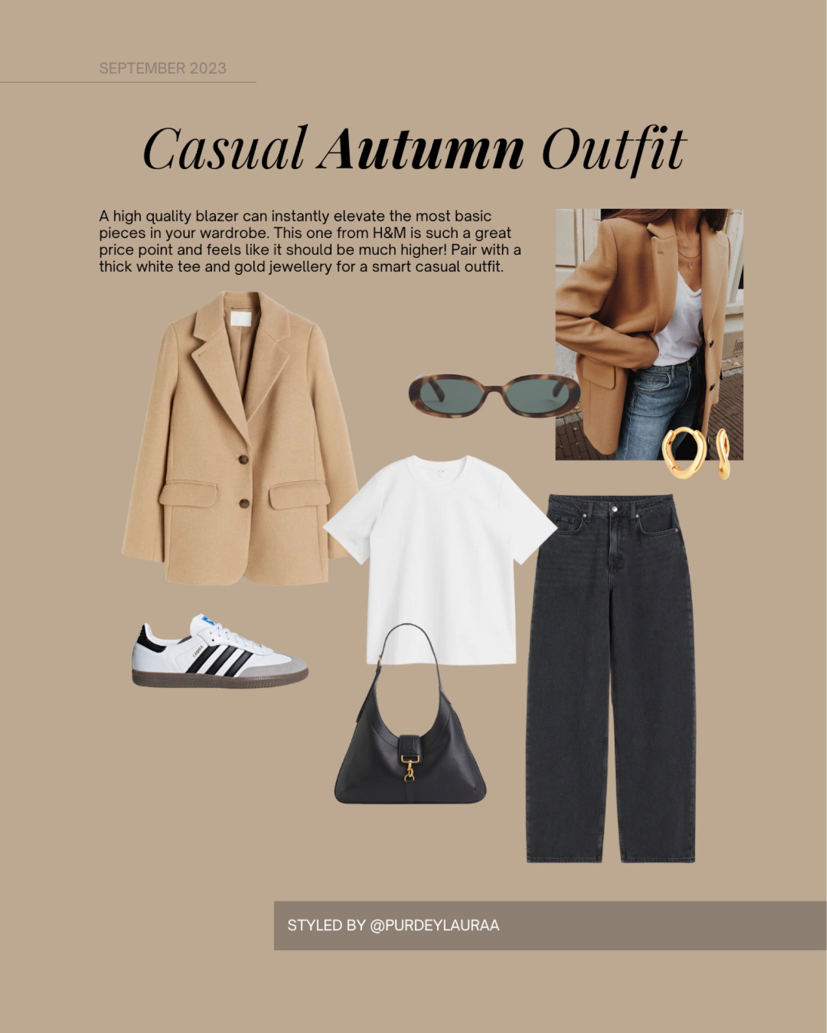 Casual autumn outfit, H&M beige blazer adidas samba trainers, Arket white T-shirt, Astrid & Miyu earrings ✨ 

#LTKstyletip #LTKeurope #LTKSeasonal