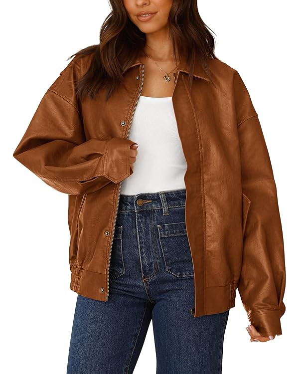 PRETTYGARDEN Women's Faux Leather Motorcycle Jacket Trendy Fall Spring Clothes Oversized Zip Up W... | Amazon (US)