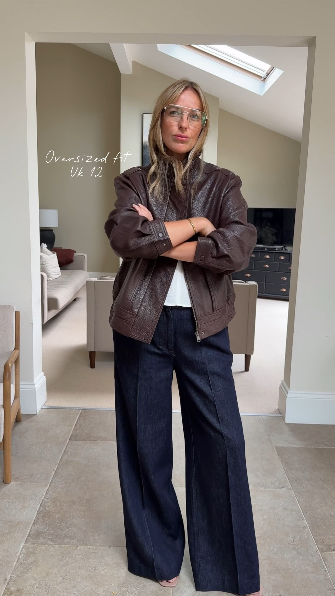 Beautiful leather jacket 
Full grain texture and oversized silhouette wearing a U.K. -12 
14 long in trousers
14 in the blouse 

Ad 
Reiss 

#LTKsummer #LTKjeans #LTKspring