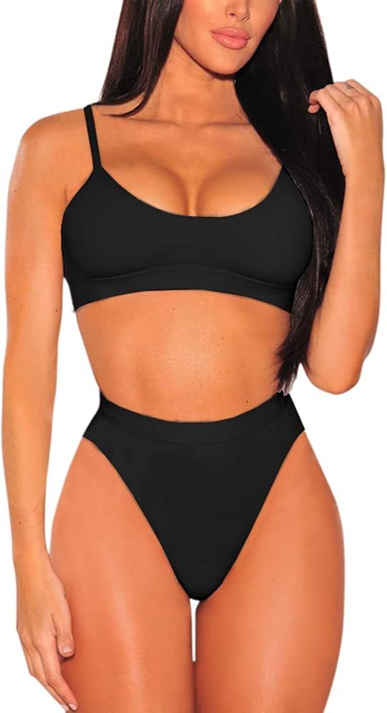 Pink Queen Women's Push Up Pad High Cut High Waisted Cheeky Two Piece Swimsuit | Amazon (US)