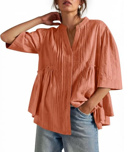 Cicy Bell Womens Peplum Button Down Shirts Summer V Neck Half Sleeve Blouses Dressy Casual Flowy Babydoll Tops Caramel | Amazon (US)
