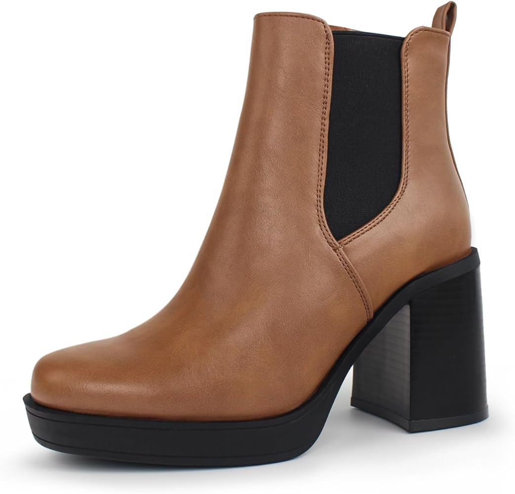 Hawkwell Women's Platform Side Zipper Chelsea Boots Chunky High Heel Square Toe Ankle Booties | Amazon (US)