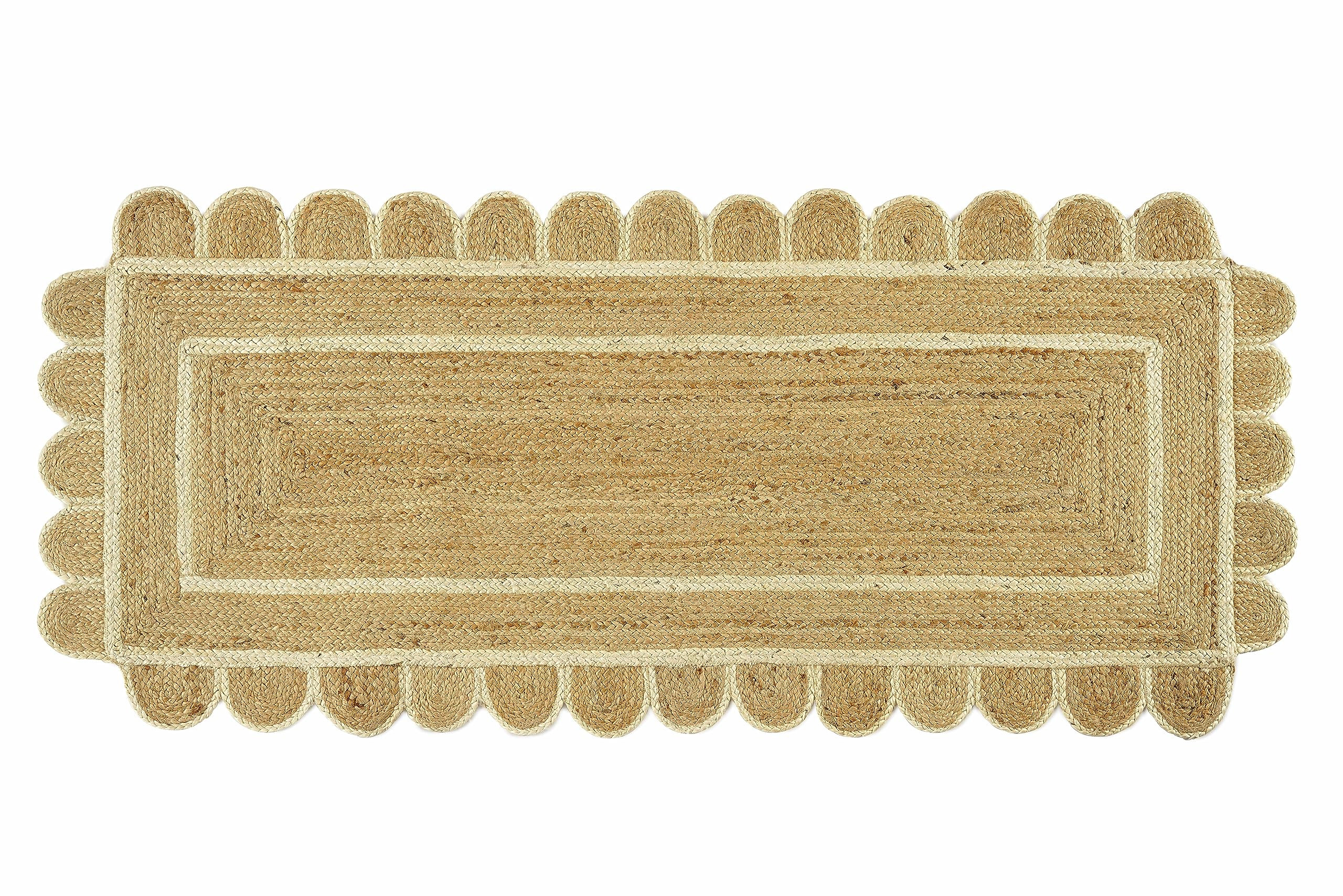 Scalloped Jute Runner Rug 2'6" x 8' ft Natural Base Off White Trim Handwoven Reversible Soft Braided Farmhouse Runners Rugs Indoor EcoFriendly Living Room Bedroom Kitchen Hallways Enterway | Amazon (US)